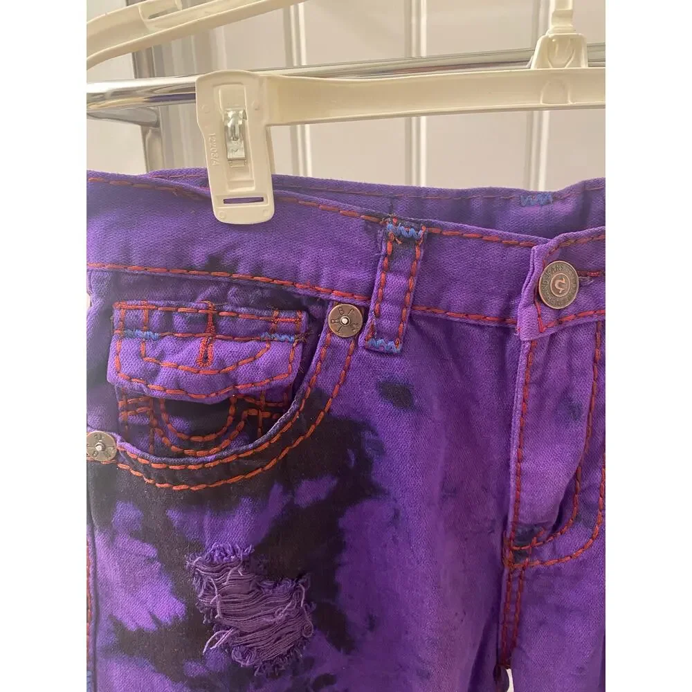 True Religion Urban Cow Billy Purple Wash Distressed Denim Jean Shorts Sz 34 - Picture 3 of 8